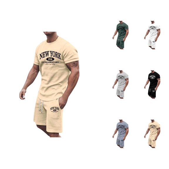 New York Graphic Short Sets for Men Short Sleeve Crewneck T Shirt and Shorts 2 Piece Matching Set Mens Summer Outfits