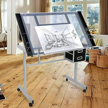 Adjustable Drafting Table Drawing Desk Craft Station Drafting Desk Glass Top w/2 Slide Drawers and Wheels for Drawing, Writing, Painting Home Office