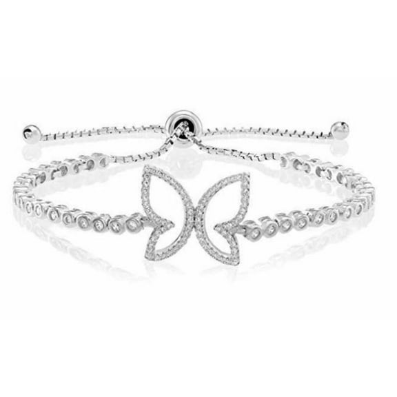 Tilo Jewelry .925 Sterling Silver Butterfly Bezel Set Bracelet with Cubic Zirconia CZ Stones | Adjustable Chain | Women & Girls