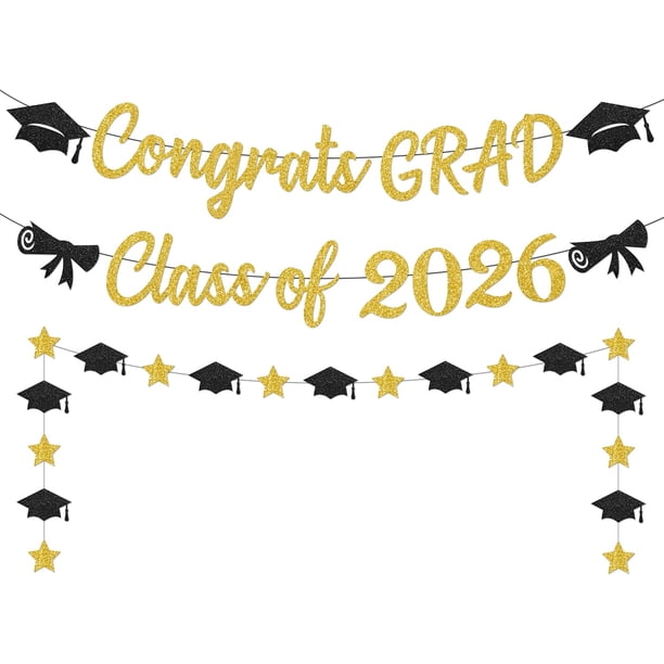 Yanonmyfd Black and Red Congrats Grad Banner,Class of 2026 Banner and Graduation Caps Garland,Glitter Red Graduation Decorations Banner,Pre-Strung Graduation Banner for Graduation Decorations 2026