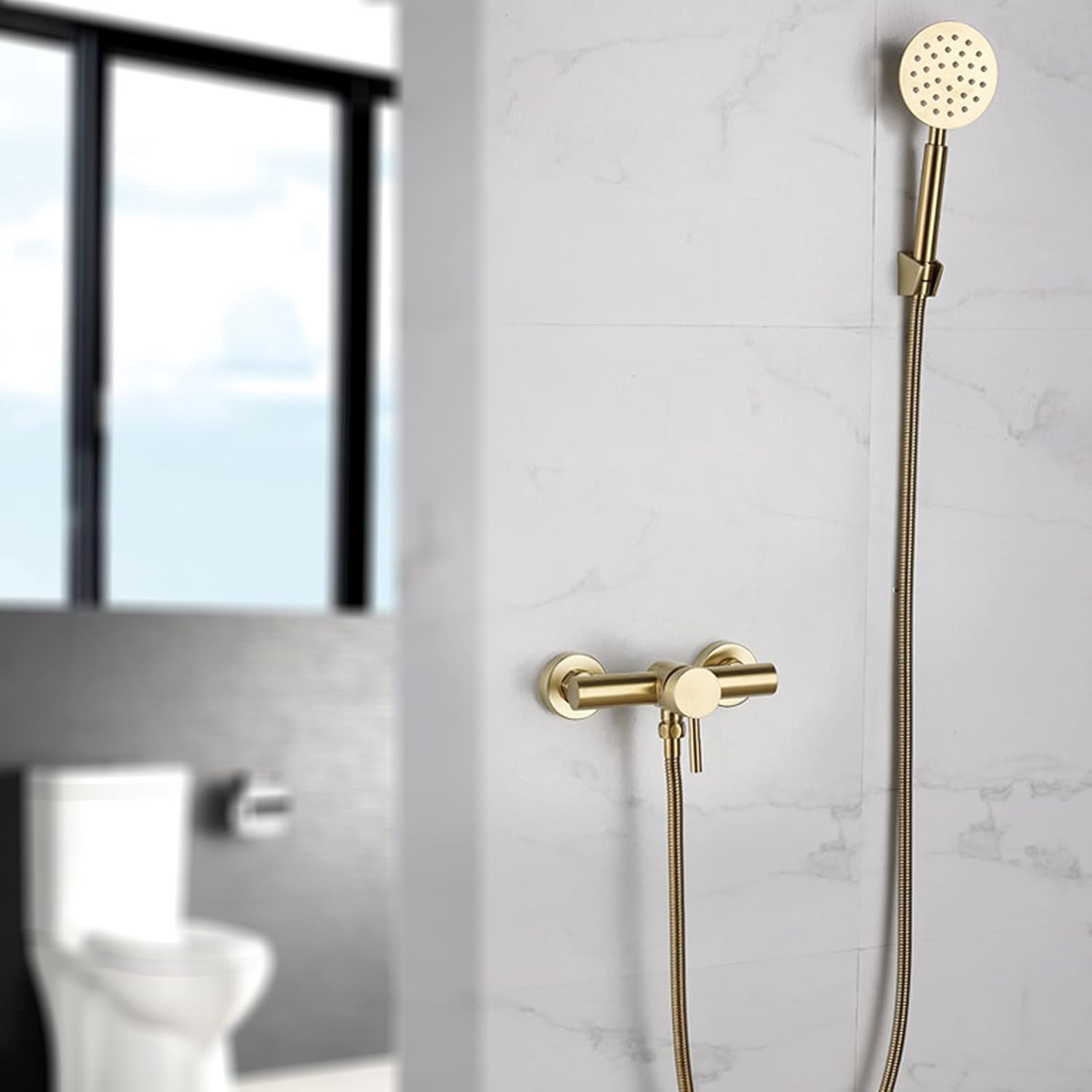 Brushed Gold Wall Mount Bathtub Faucet with Handheld Sprayer, Stainless Steel Single Handle Bathroom Tub Faucet High Flow Bath Shower Mixer Tap