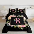 thumbnail image 2 of Homewish Black Pink Monogrammed Full Size Comforter Sets, Cartoon Initial R Letter Bedding Comforter Set, Rose Flower Butterfly Reversible Bedding Sets, Microfiber Bedroom Decor, 3 Pieces, 2 of 8