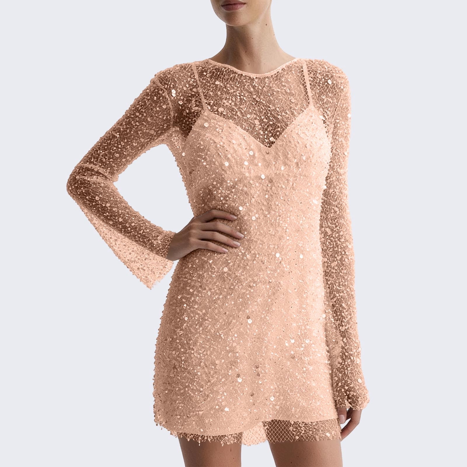Women Elegant Long Sleeve Round Neck Sheer Sequin Mini Dress Solid Color Sleeveless Slip Dress 2 Piece Outfit
