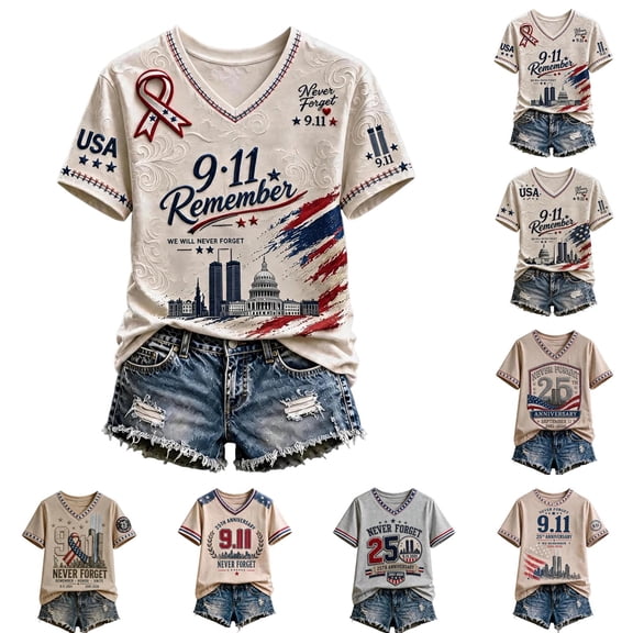 9/11 25th Anniversary Shirt Womens WE Will Never Forget Tee Shirts | Lightweight Fabric, V Neck Short Sleeve Tops, American Flag, 2001-2026 25Th Anniversary Tops, Patriotic Honor Tee Shirt Khaki,2XL