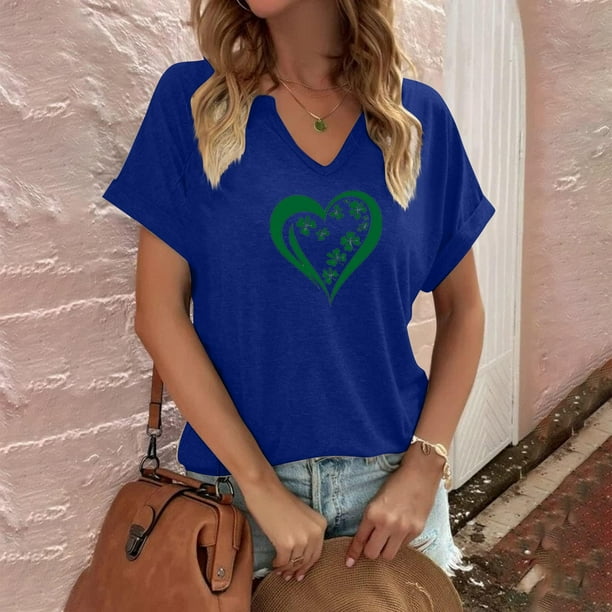 Puntoco Rebajas de blusas cortas para mujer Blusa informal de moda con cuello en V y mangas cortas con estampado del Día de San Pablo para mujer