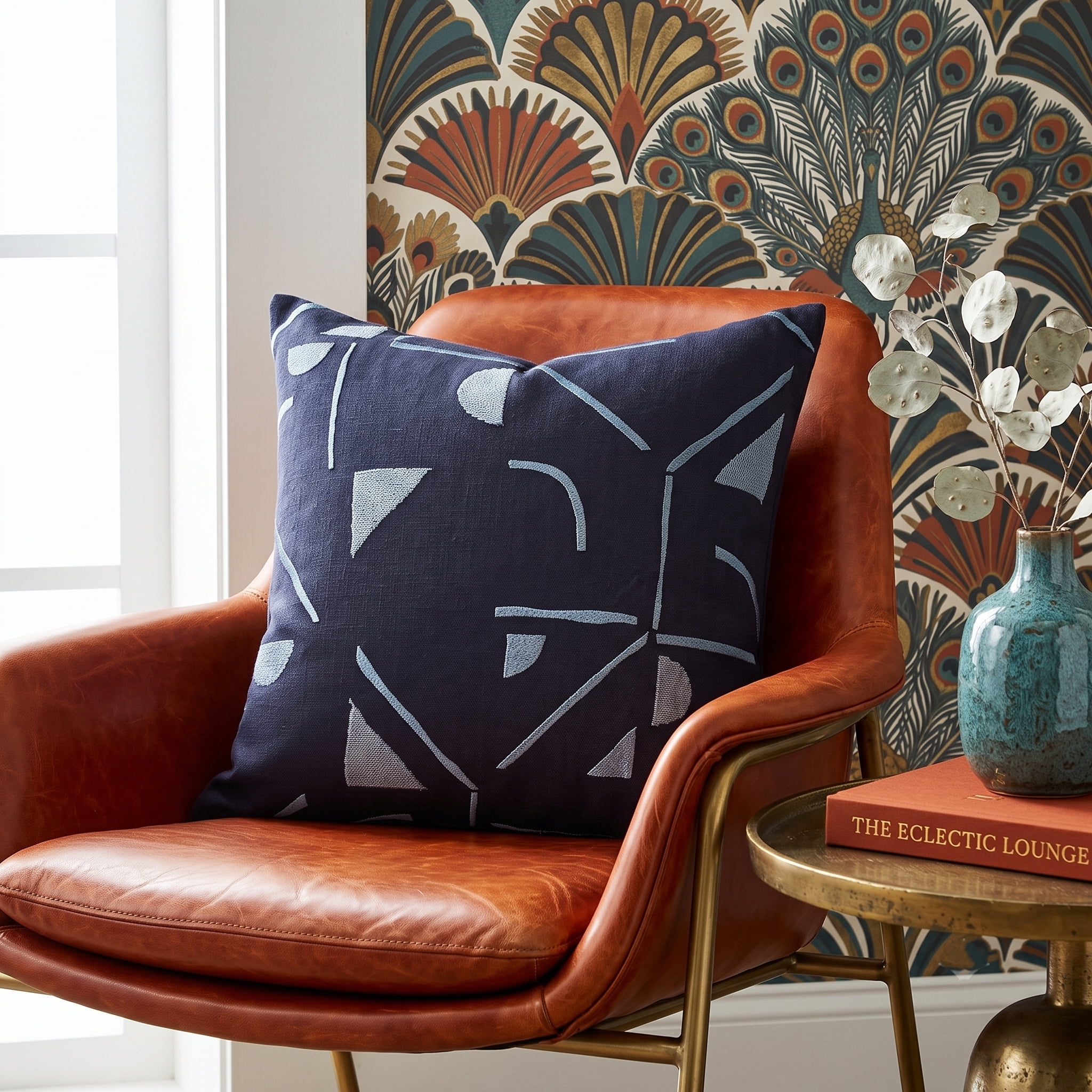 Harlow Hill and Stacy Garcia 24" x 24" Denim Blue Embroidered Geometric Cotton Blend Adult Decorative Throw Pillow