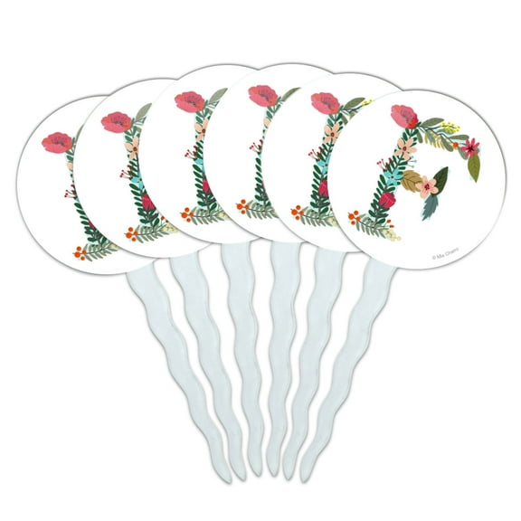 Letter F Floral Monogram Initial Cupcake Picks Toppers Decoration Set of 6