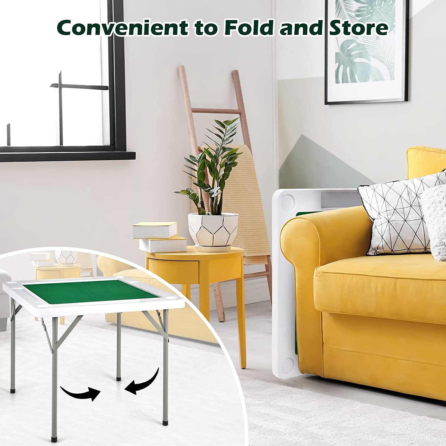 Gotoplay Mahjong Table, Folding Mahjong Table w/Green PVC Tabletop, 4 Cup Holders & 4 Chip Trays, 35 Square 4-Player Folding Card Game Table for Mahjong Poker Domino Game