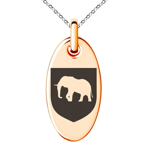 Stainless Steel Elephant Strength Coat of Arms Shield Engraved Small Oval Charm Pendant Necklace