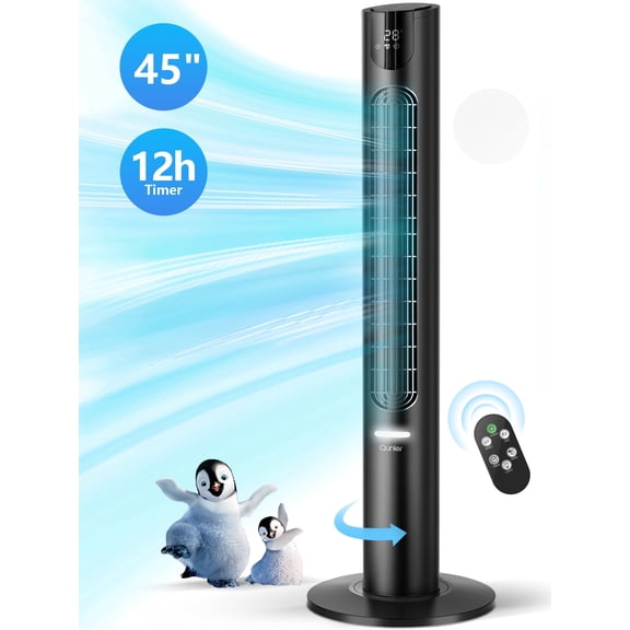 Qunler 45" Oscillating Tower Fan with Remote, 8 Speeds, 12H Timer,DC Motor 25dB Quiet Cooling Floor Fan for Bedroom Home Office, Black