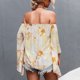 thumbnail image 1 of Shirred Off Shoulder Tops Women Off Shoulder Tops Summer High Low Hem Loose Bell Sleeve Shirred Floral Print Shirt Blouse Yellow XL ANGGREK No, 1 of 6