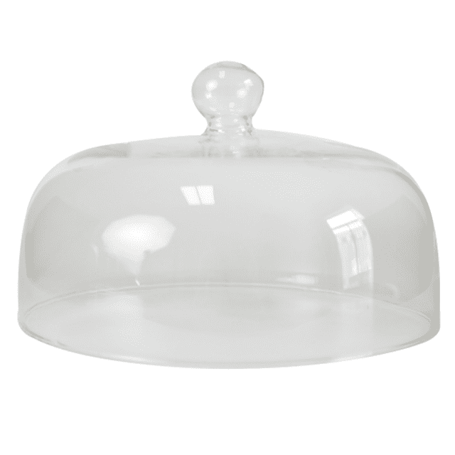 High Borosilicate Glass Microwave Splatter Cover for Food, a 10-inch transparent glass lid with a rounded dome shape and a knob handle on top. Made from food-grade borosilicate glass, it is lead-free, odorless, and withstands temperatures from -70°F to 550°F. Designed with a built-in vent hole for airflow and a large handle for secure grip. Measures 10 inches in diameter and 5 inches in height, suitable for most standard microwaves. Includes a pair of heat-resistant gloves for added safety.
