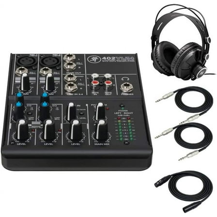 Mackie 402VLZ4, 4-channel Ultra Compact Mixer with High-Quality Onyx Preamps with MR DJ Headphones, 1/4" TRS Cables, & XLR Cable Bundle