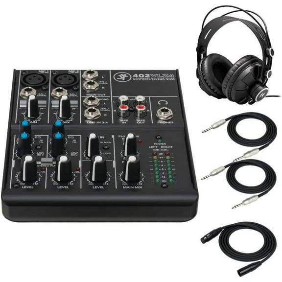Mackie 402VLZ4, 4-channel Ultra Compact Mixer with High-Quality Onyx Preamps with MR DJ Headphones, 1/4" TRS Cables, & XLR Cable Bundle