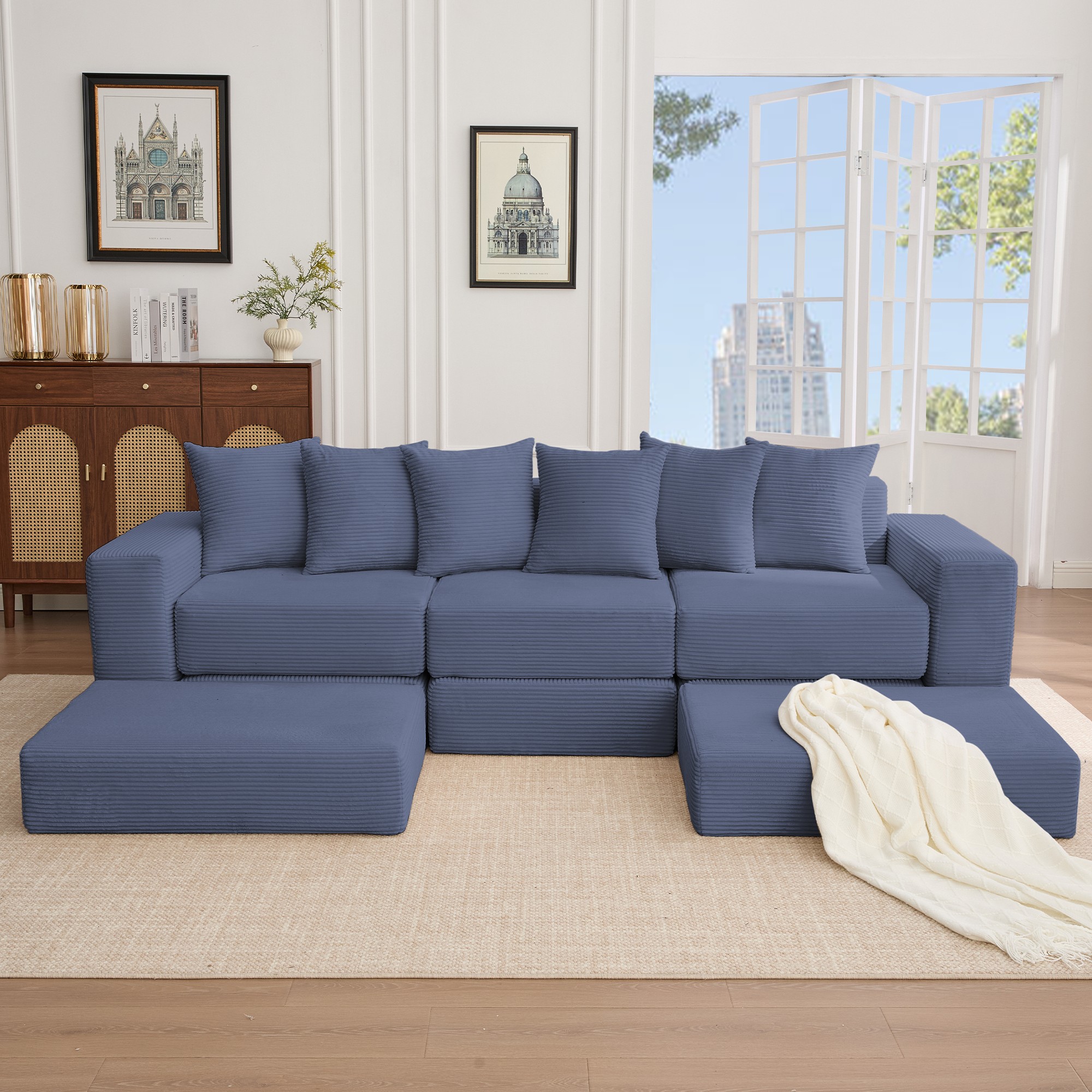 Leumius Convertible Sectional Sofa,Corner Couch,Convertible Floor Sleeper Sofa,10-in-1 Corduroy Modular Sofa,Free Combination Sofa,No Assembly,6 Pillows,Blue
