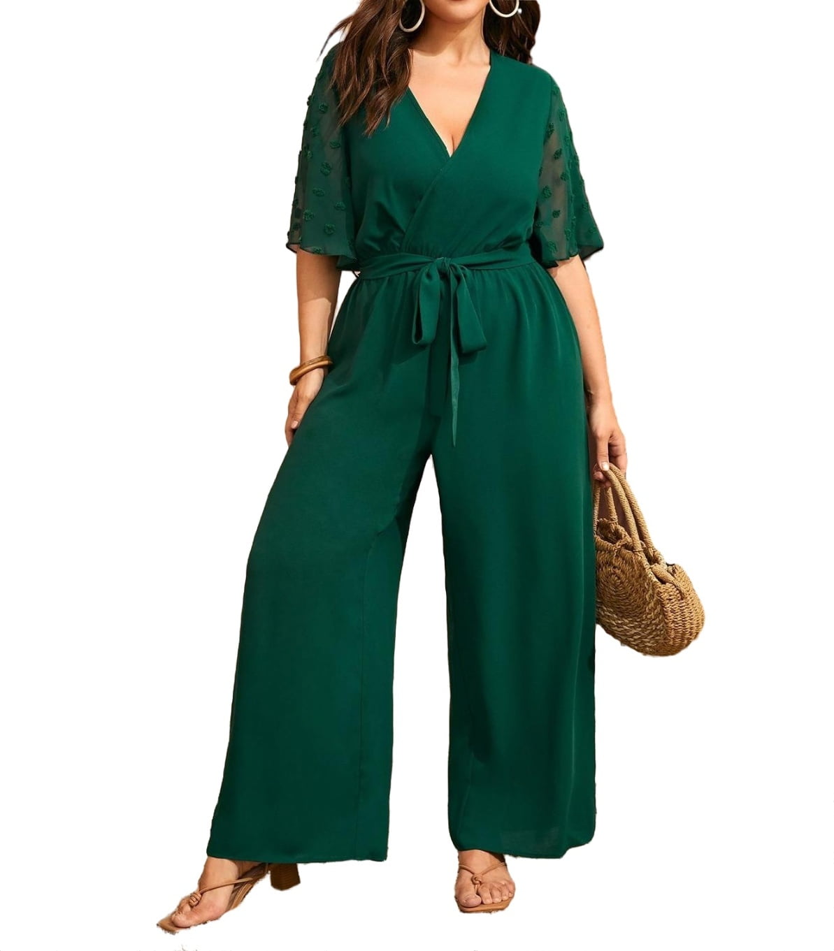 Dark Green Solid Wrap Elegant Culottes Women's Plus Jumpsuits