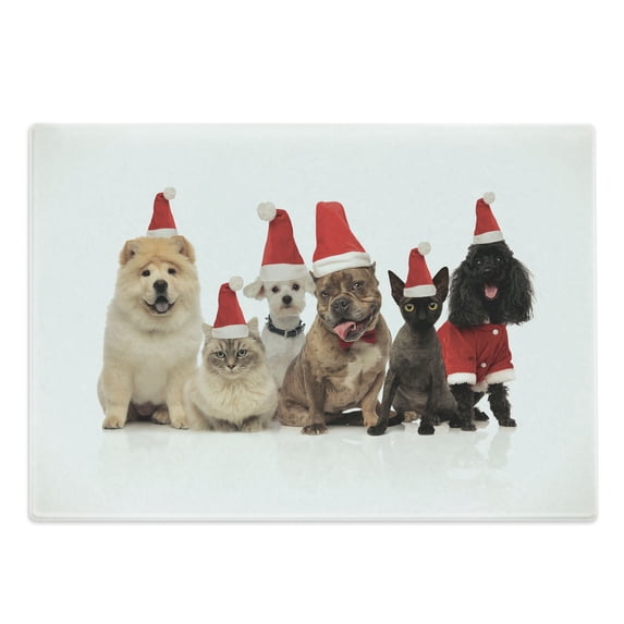 Dog and Cat Cutting Board, Team of 6 Pets Wearing Santa Hats Panting, Decorative Tempered Glass Cutting and Serving Board, in 3 Sizes, by Ambesonne