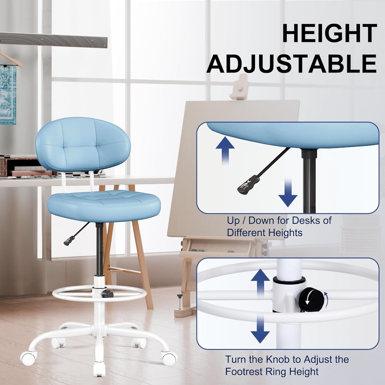 Drafting Chair, Armless Tall Office Chair with Footrest Ring for Standing Desk, Small Faux Leather Executive Computer Chair with Adjustable Height for Bar Lab Counter Height Desk, Blue