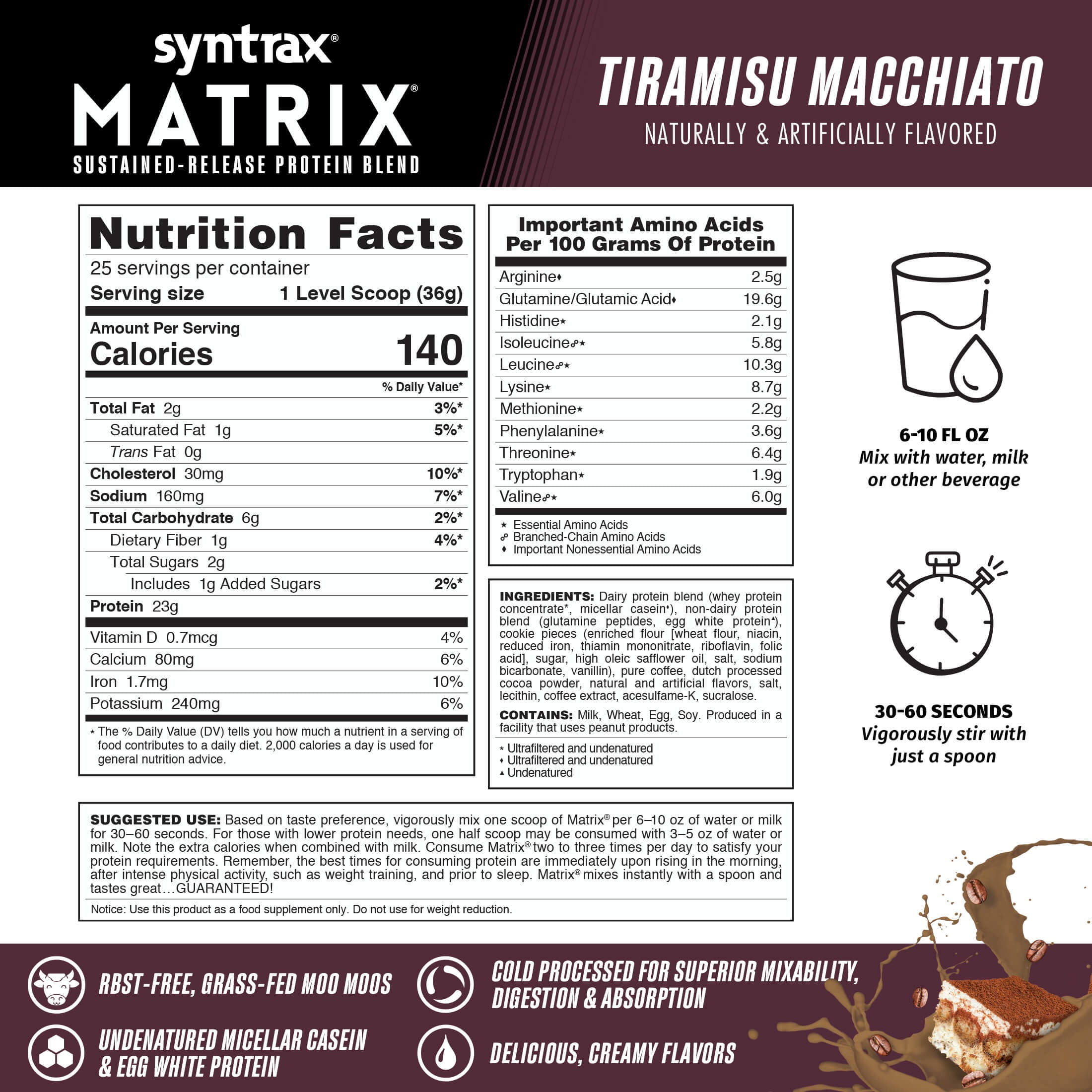 Syntrax Matrix Tiramisu Macchiato Sustained‑Release Protein Powder Blend 2 lb with 100mg Caffeine
