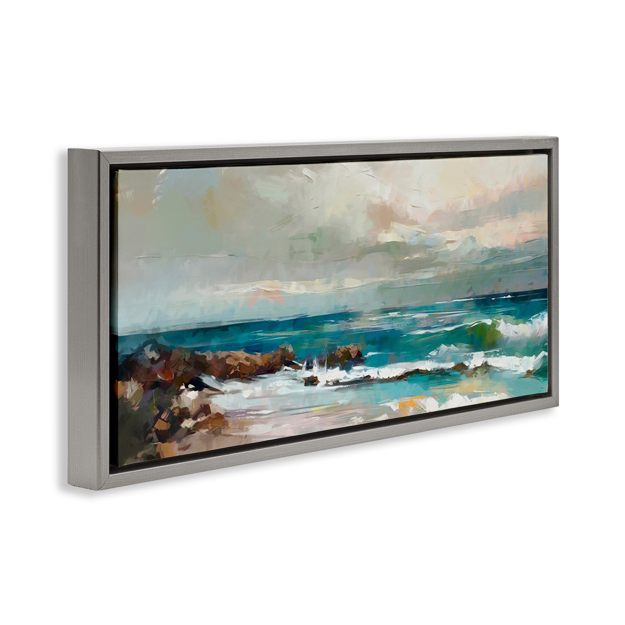 Stupell Industries Rocky Ocean Waves Landscape Painting Gray Floater Framed Canvas Art Print Wall Art, 31 x 14