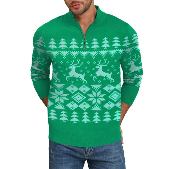 Iceglad Mens Ugly Christmas Sweater Quarter Zip Sweaters Reindeer Snowflake Turtleneck Long Sleeve Knitted Pullove