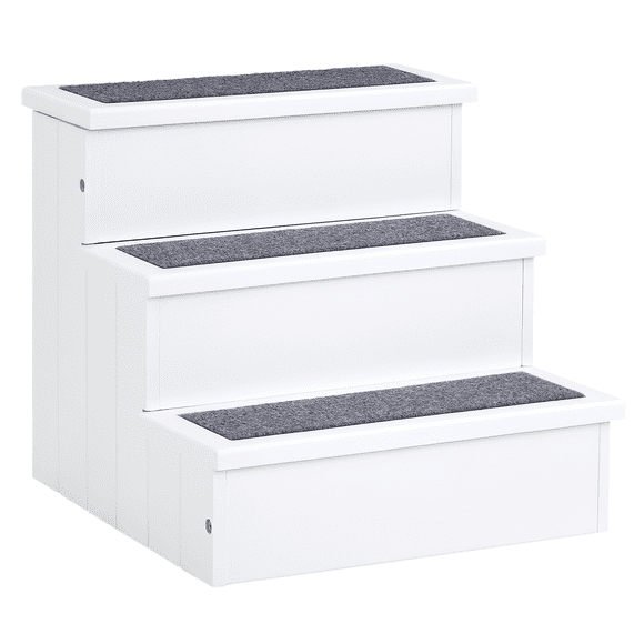 PawHut Pet Steps 3-Step Dog Stairs for Small Dogs Cats and Wooden Ramp with Storage Box Carpet Tread, White