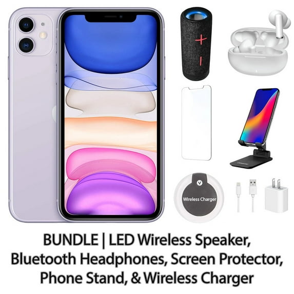 Restored Apple iPhone 11 64GB Purple Fully Unlocked Bundle: LED Wireless Speaker, Bluetooth Headphones, Screen Protector, Wireless Charger, & Phone Stand (Refurbished)