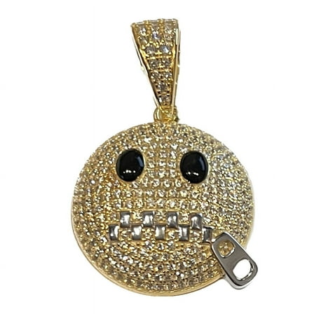 14k Gold Plated over Real 925 Sterling Silver Zipper Mouth Emoji Face CZ Iced Flooded Out Stop Snitching Pendant