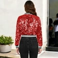 thumbnail image 3 of Women's Sequin Bomber Jacket with Striped Ribbed Trim and Zip Front- XX Large, Red, 3 of 6