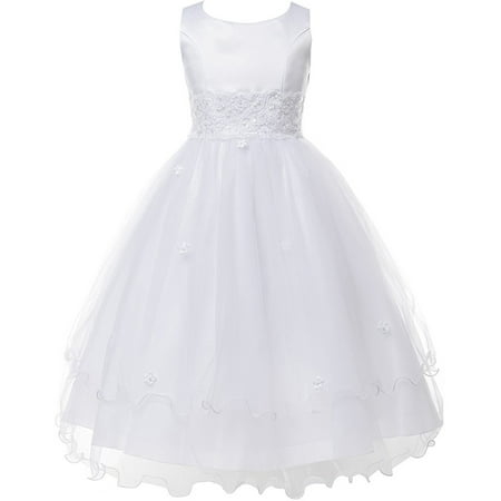 Double Layer Tulle Embroidery Little Flower Girls Communion Dresses White 2 (Size 2-16)