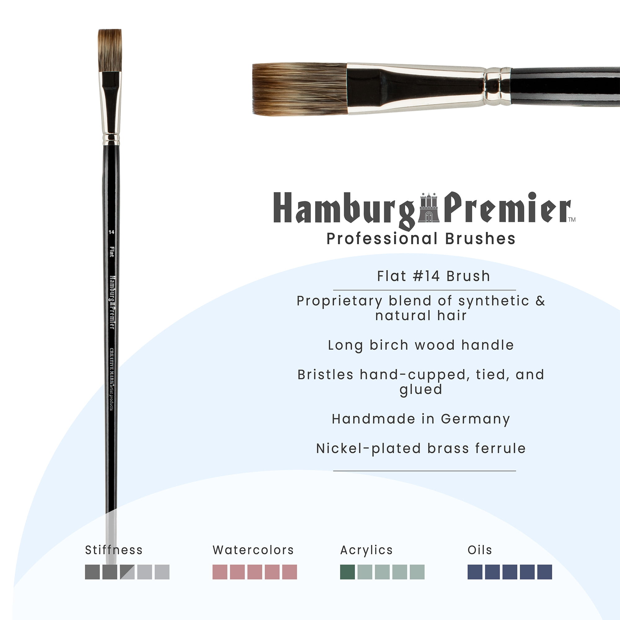 Creative Mark Hamburg Premiere Professional Oil Painting Brushes - Flat #14 Oil Paint Brush - Handmade in Germany, Natural & Synthetic Hair Blend, Long Triple-Lacquered Birch Handle