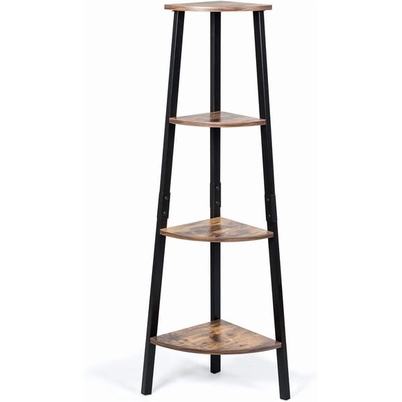 BoldGear Industrial Corner Shelf, 4-Tier Ladder Bookshelf, Metal Frame Storage Rack, Bookcase, Plant Stand, Multipurpose Accent Furniture for Home Office, Display Corner Shelf (Rustic Brown)