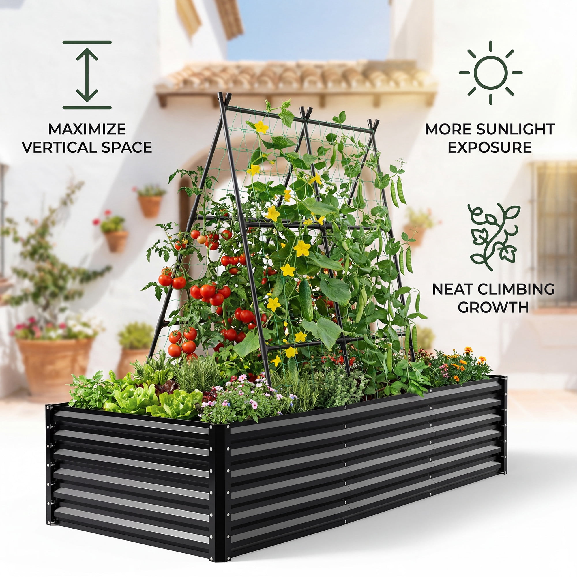 Uforic 8x4x2ft Galvanized Raised Garden Bed with Trellis, Metal Planter Box, Gloves, Black, Outdoor for Vegetables & Flowers