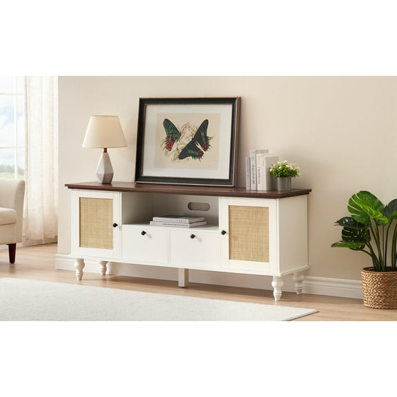 GAOMON TV Stand with Rattan Accents, Entertainment Center for TVs up to 70 Inches, Modern Media Console with Storage, Drawers, and Adjustable Shelves for Living Room or Bedroom, White