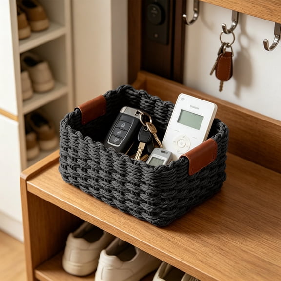 Small Wicker Basket, Handwoven Paper Rope Storage Baskets with Handles, Decorative Organizing Bins for Home, Desk, Bathroom Kitchen Storage Gifts