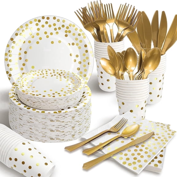 350PCS White Gold Party Supplies, Severs 50 Guests Disposable Plastic Forks Knives Spoons Set with Golden Dot Paper Plates Napkins Cups, for Birthday Wedding Baby Shower