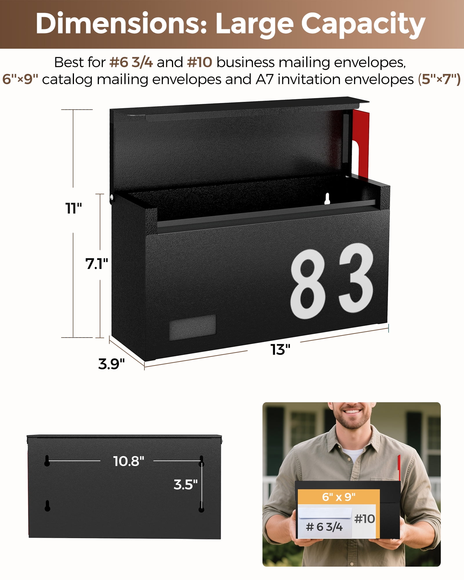 Modern Mailboxes for Outside, Metal Wall Mount Mailbox, with One Flag Kit and Three Sets of Mailbox Number Stickers, 3.9"D×13"W×7.1"H, Rust Resistant Coating Mail Boxes for House, Black AMB06B