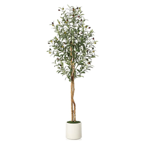 Qinaqin 5FT/6FT/7FT Fake Oliva Tree con Realistic Fau x Silk Leaves Blanco Planter Pot Natural Madera Trunk