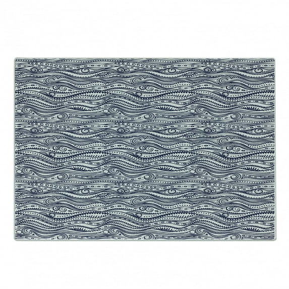 Tribal Cutting Board, Vintage with Wavy Curved Lines and Little Triangles Folk Prehistoric Print, Decorative Tempered Glass Cutting and Serving Board, Small Size, Dark Blue White, by Ambesonne