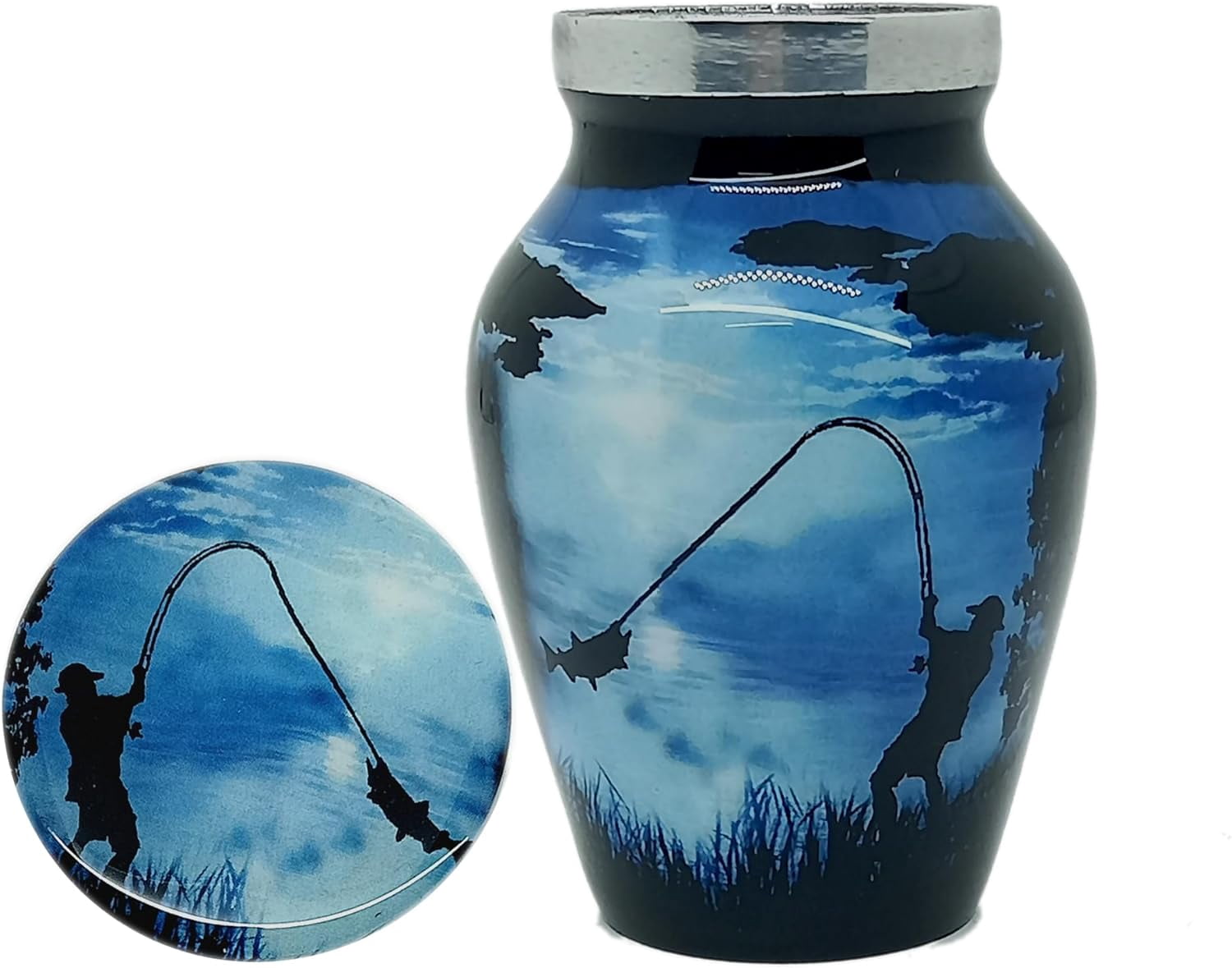 UR Keepsake Urn –Stylish Fishing Catching Keepsake Cremation Urn for Human Ashes with Velvet Box & Velvet Bag-Mini Keepsake Urn - Affordable Keepsake Urn (3 cu.in)