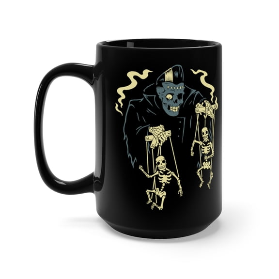 Skeleton Puppet Master Marionette Pompadour Coffee Mug, 15oz, Black