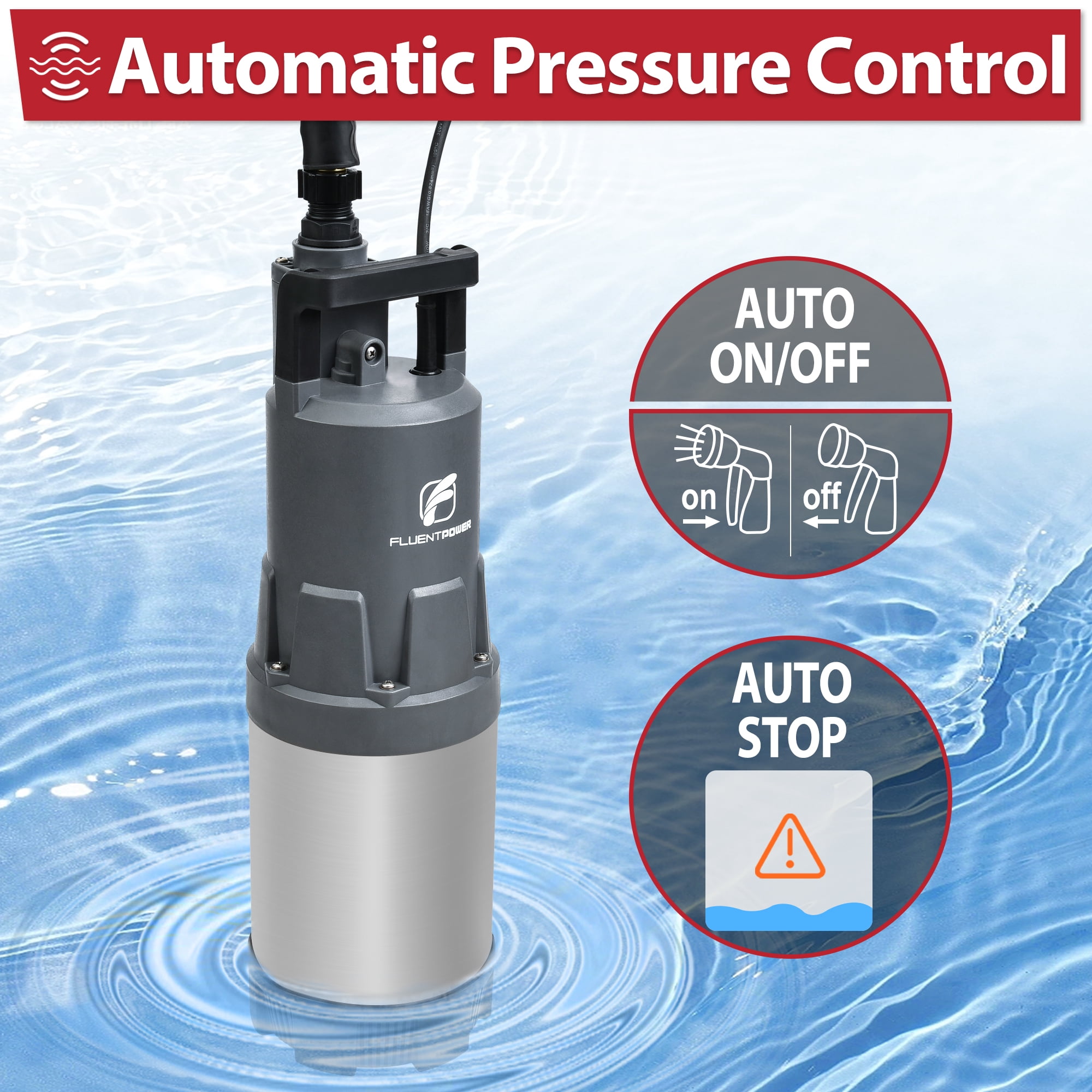 FLUENTPOWER Deep Well Submersible Water Pump, 1.5HP 1700GPH, 147' Head, Automatic On/Off Water Pump with 49ft Cord, Stainless Steel, for Garden Home Watering and Farmland Irrigation