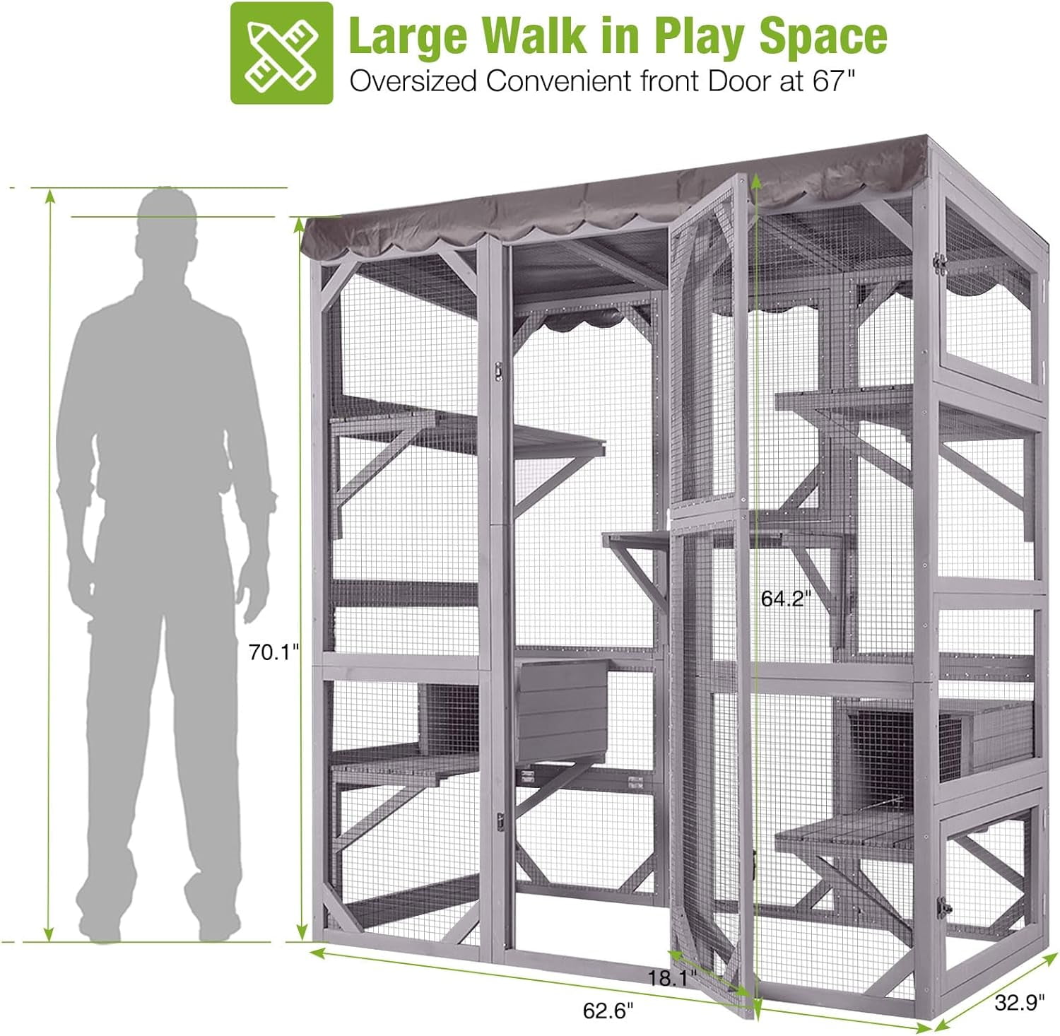 MEDEHOO Catio Outdoor Cat Enclosure Large Walk in Window Cat House for Mulitiple Cats with 7 Platforms and 2 Resting Box,Tarp Roof,71 inch