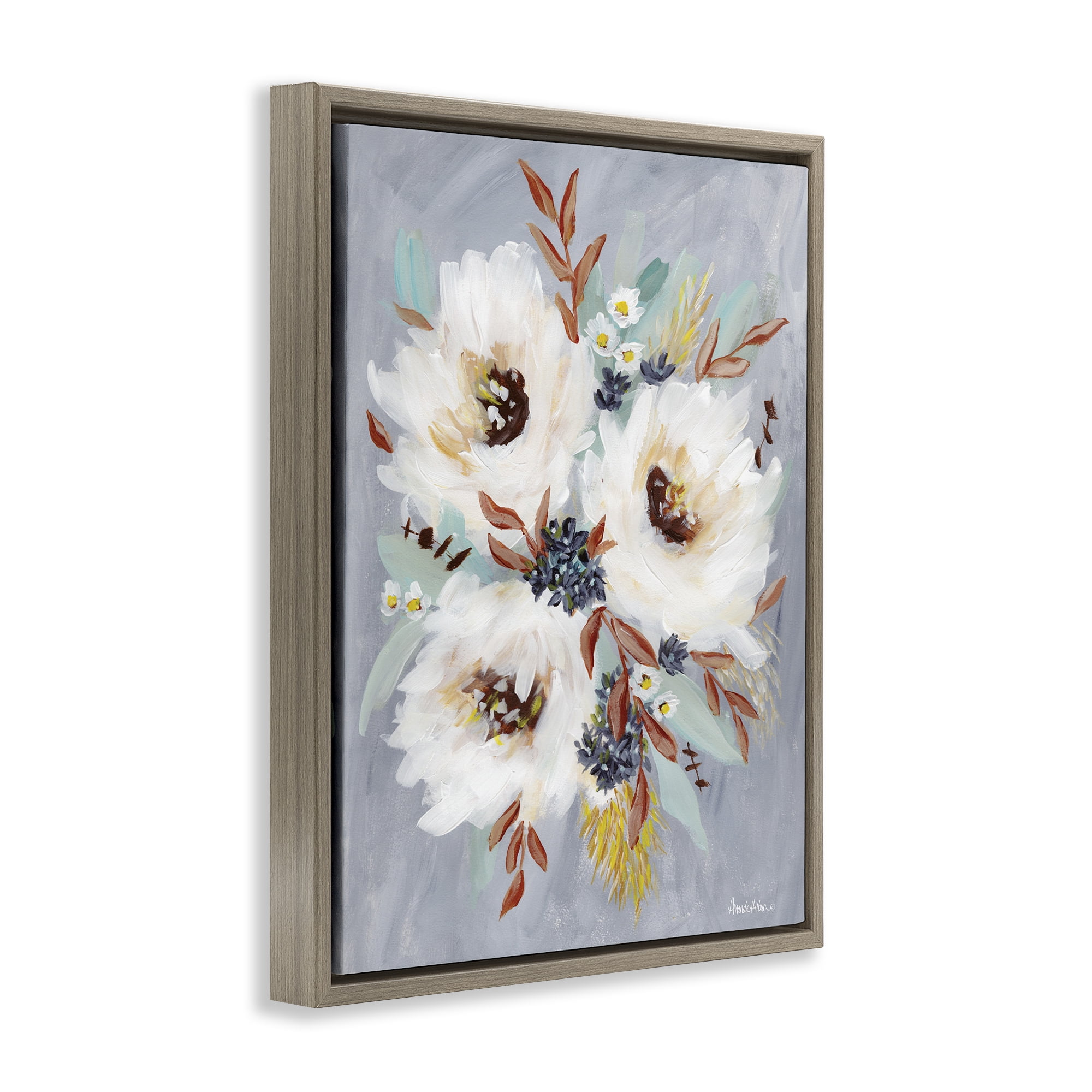 Stupell Industries White Flowers Trio Botanical & Floral Painting Brown Floater Framed Art Print Wall Art, 25 x 31