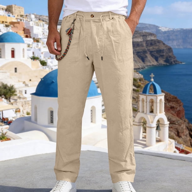 Ceisia Men's Linen-Like Casual Straight Pants Elastic Waist Drawstring Trousers With Decorative Chain Gifts