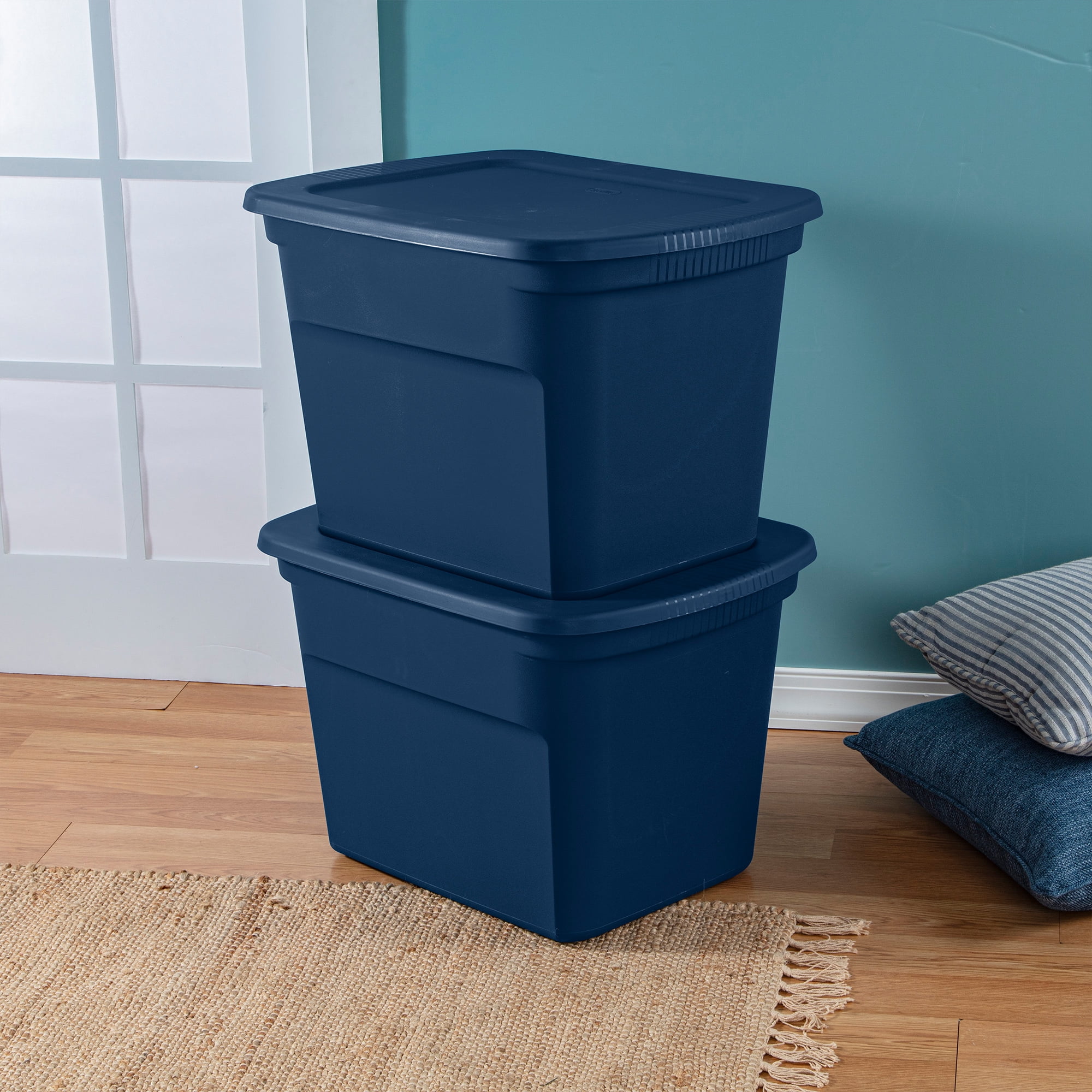 Sterilite 18 Gal Latch and Carry, Stackable Storage Bin with Latching Lid,  Plastic Tote Container to Organize Closets, Blue with Blue Lid, 18-Pack