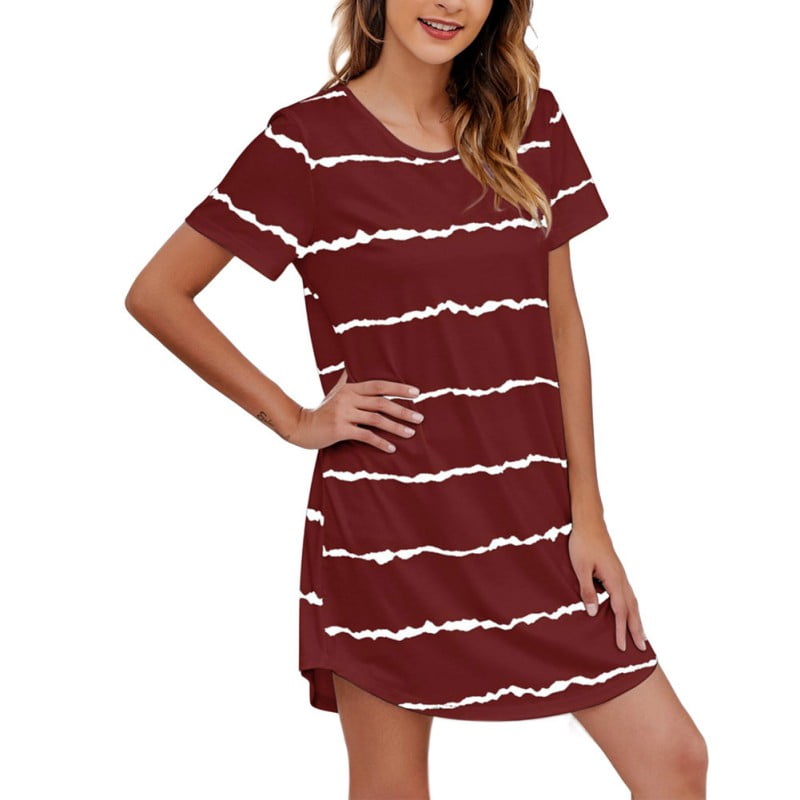 Women's Nightgown Striped Tee Short Sleeve Sleep Nightshirt Loungewear ...