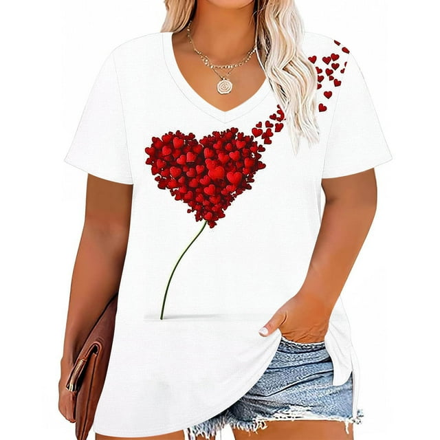 Xuyuer Women's Plus Size Leisure V-Neck Short Sleeve Printed Base Layer Shirt, Comfortable Casual Top for Everyday Wear, Relaxed Fit and Versatile Layering