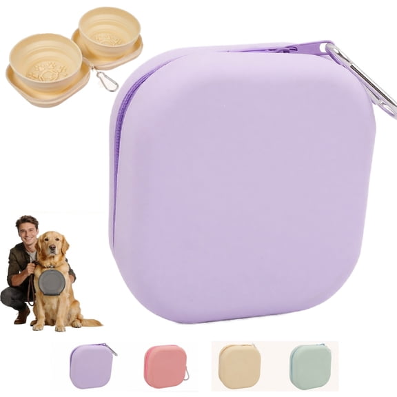 2-in-1 Collapsible Dog Bowl for Travel, Portable Dog Water Bowl with Carabiner Clip, Foldable Silicone Food Dish for Pets Outdoor Hiking Camping Walks (Light Purple)