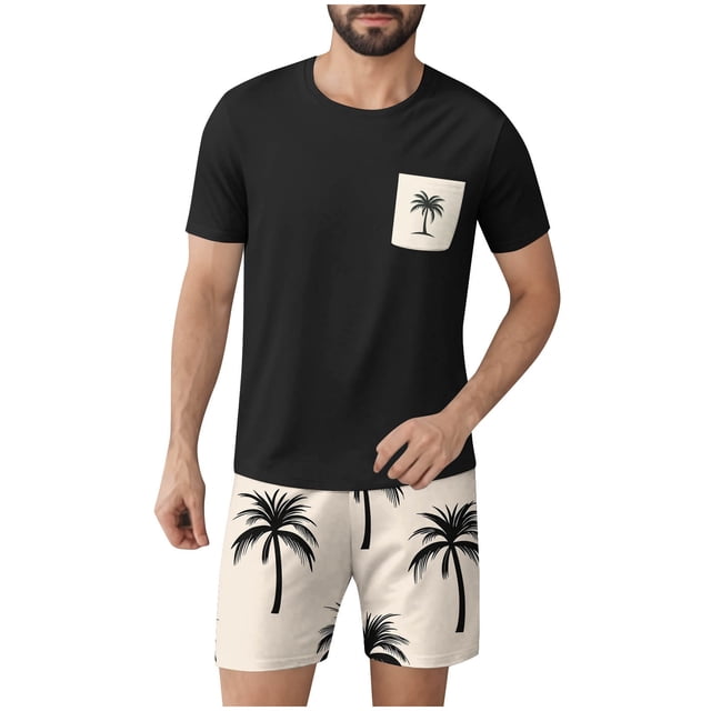 Ensembles de Pyjamas 2 Pcs pour Hommes Ultra Doux Texturés Costumes Athlétiques Extensibles Col Rond Manches Courtes Chemises Athlétiques Extensibles Séchage Rapide Vêtements de Détente Shorts Ensembles d'Été Hommes 2 Pcs Chemise de Nuit